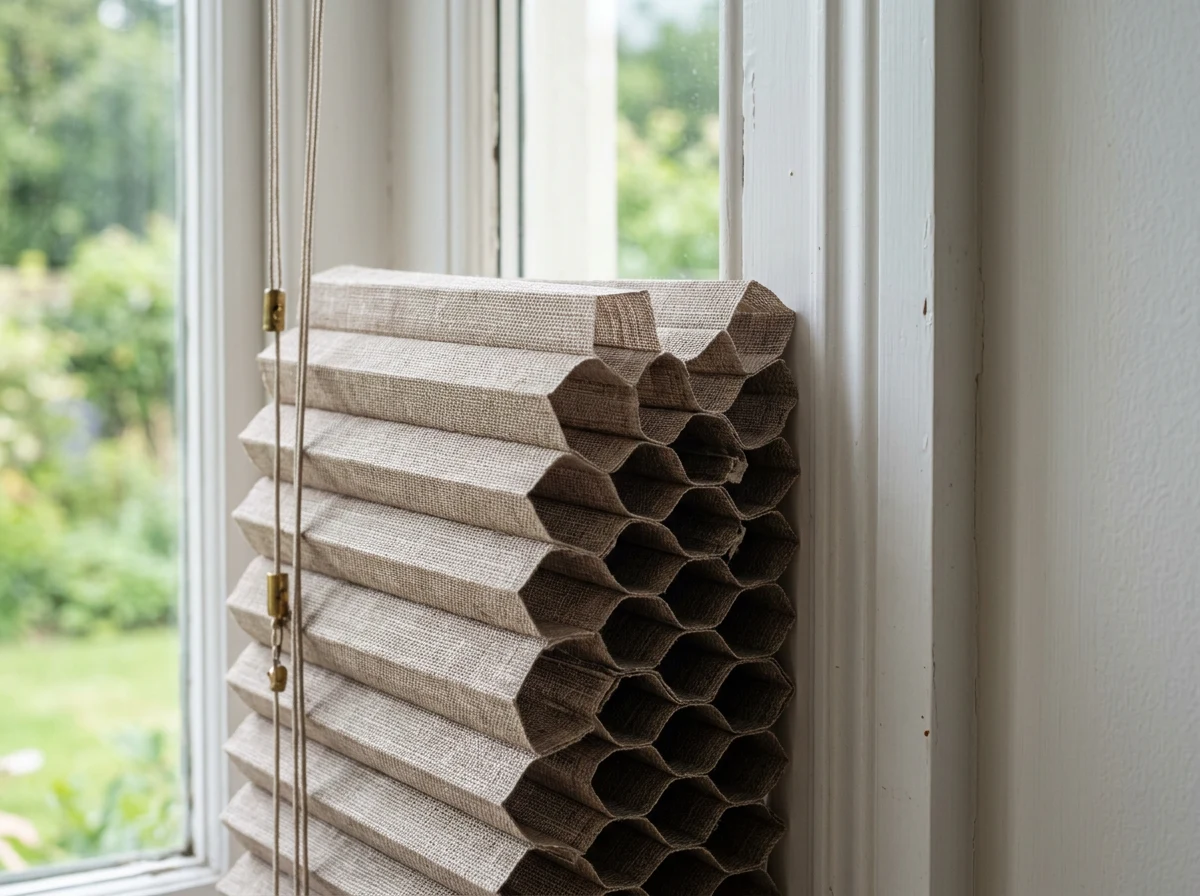 Close-up detail of a folded cellular honeycomb blind fabric at a Bedfordview window corner, soft directional light revealing the textured weave