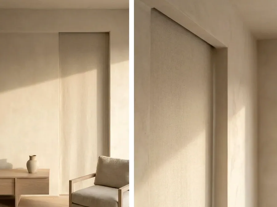 A concealed blind dropping from a slot in a plastered ceiling recess beside an armchair in a Bedfordview living room, the window left free of visible hardware