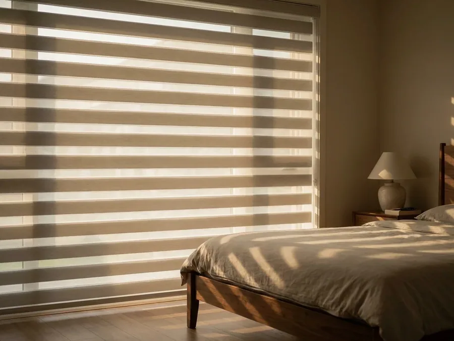 Day/night blind bands filtering late-afternoon light across a Bedfordview bedroom, alternating sheer and opaque stripes falling over the bed
