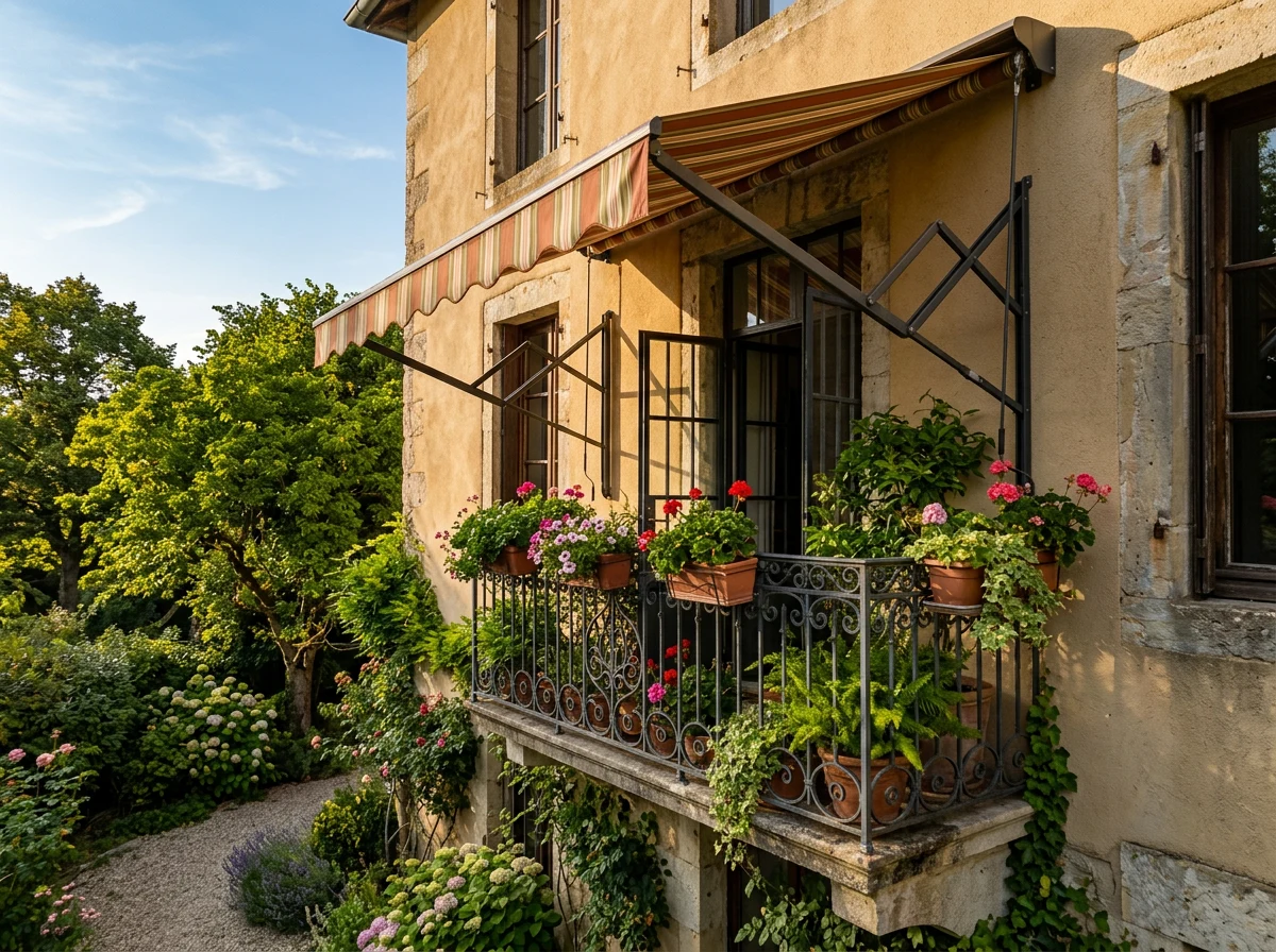 A striped folding-arm awning extended over a stone-built Bedfordview terrace, a wrought-iron balcony filled with flowering plants beneath it