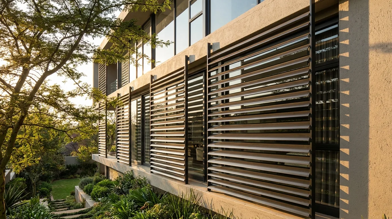 External venetian blinds mounted in guide rails on the outside of a west-facing Bedfordview facade, their aluminium slats tilted against low late-afternoon sun