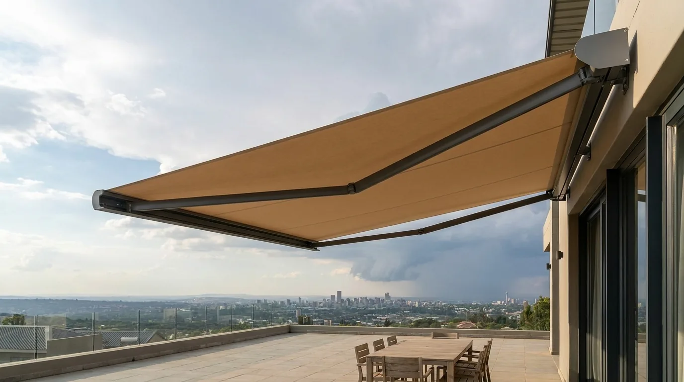 A folding-arm awning extended over a ridge-top Bedfordview terrace with no posts in the way, a summer storm building over the distant Johannesburg skyline