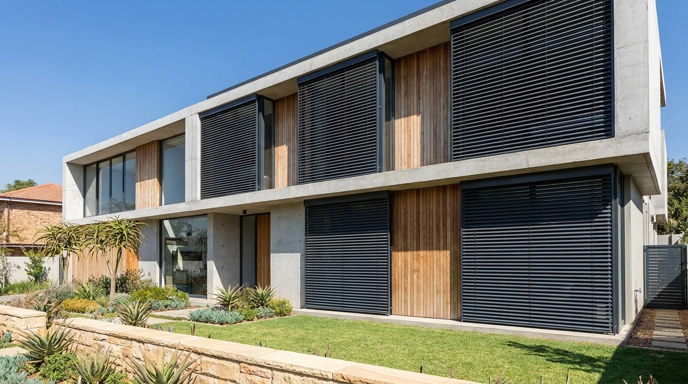 External aluminium venetian blinds mounted on guide rails across the upper-floor windows of a modern double-storey Bedfordview home, slats angled against bright midday sun