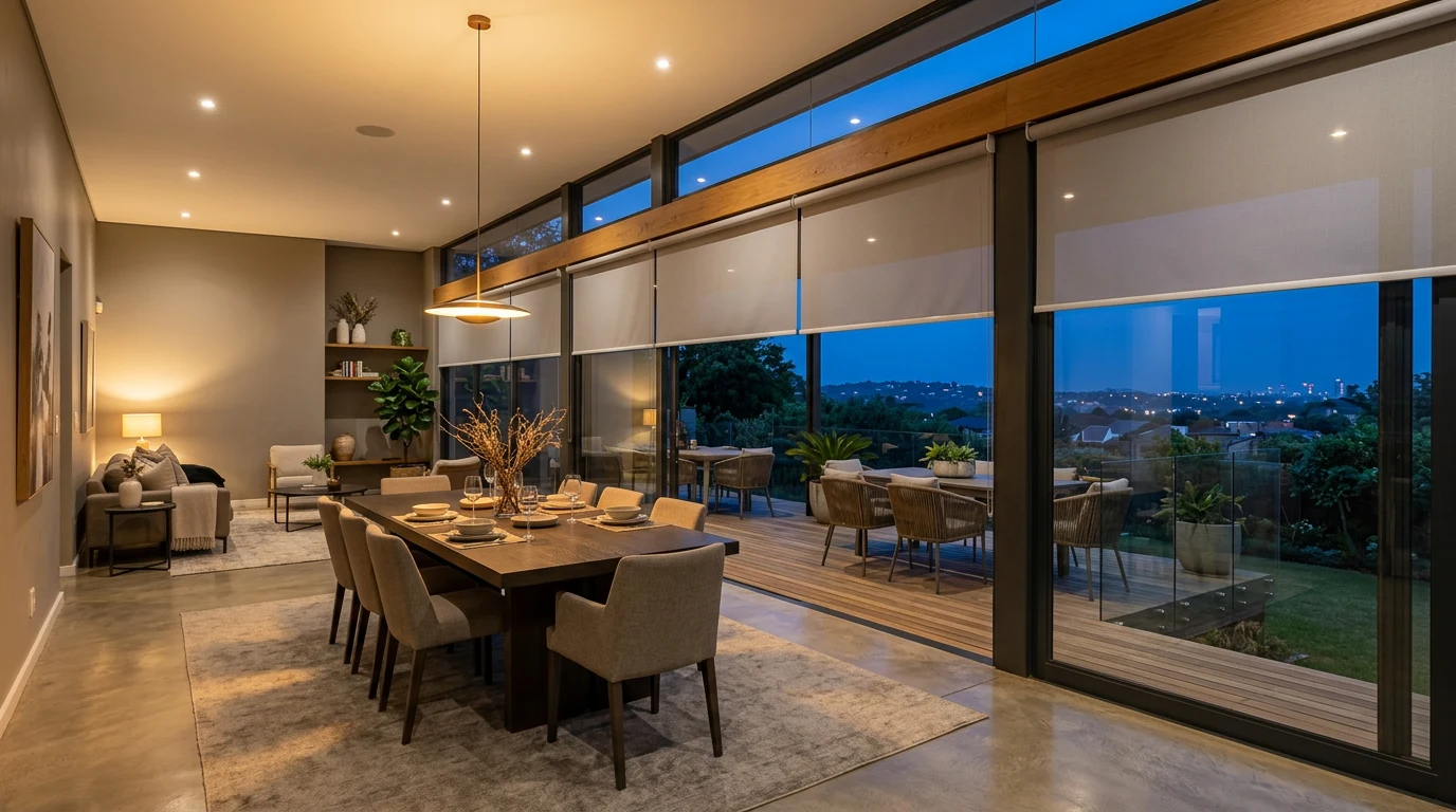 A wide architectural view of a Bedfordview home's open-plan dining area at dusk, sunscreen roller blinds partially lowered across a glass sliding door, city lights faintly visible beyond