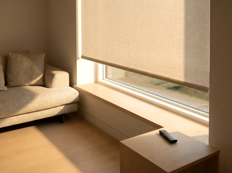 A motorised sunscreen roller blind lowered in a Bedfordview living room, its remote control resting on the side table beside the sofa