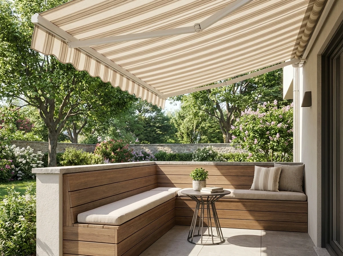 A folding-arm awning shading a stone-walled patio corner in a Bedfordview garden, built-in bench seating and flowering shrubs beyond