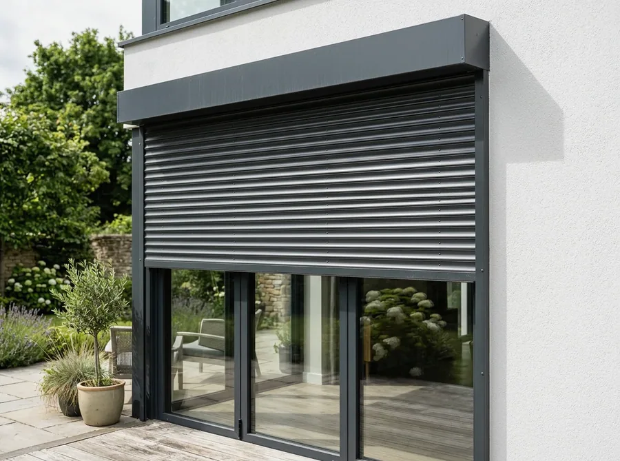 Dark grey aluminium roller shutters lowered outside a Bedfordview patio door, horizontal slats stopping the afternoon sun before it reaches the glass