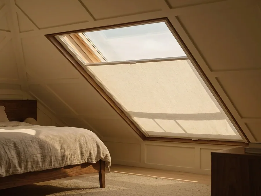 A made-to-measure skylight blind fitted flush to an angled roof window in a Bedfordview home