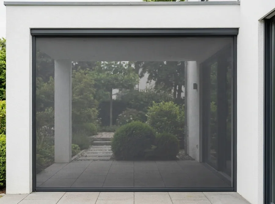 A zip screen closed across a covered outdoor room on a modern Bedfordview home, the garden path visible through the mesh